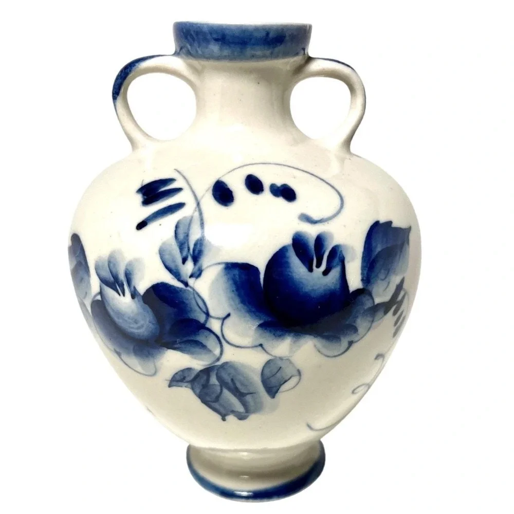 Vintage Russian Gzhel Blue &‎ White Hand Painted Vase Floral Design USSR Marked